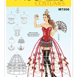 May include: McCall's Costumes M7306 pattern. The image shows a woman in a red corset and a cage skirt with red bows. The pattern includes illustrations of different costume elements, including corsets, skirts, and a cage crinoline. The text on the image includes "A/B,C,D cup sizes."