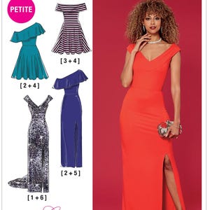 May include: McCall's M7683 sewing pattern featuring several dress designs, including a long red gown with a thigh-high slit. The image also shows a woman wearing the red dress. The pattern includes petite sizes.