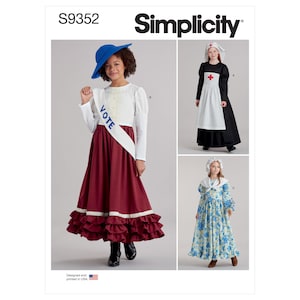 May include: Simplicity sewing pattern S9352 featuring three costume designs. One shows a white blouse, maroon skirt with ruffles, blue hat, and a white sash with the word VOTE. Another is a black dress with a white apron and nurse cap. The third is a floral dress.