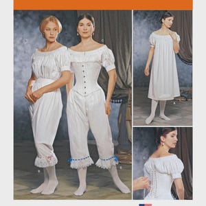 May include: Simplicity pattern 1139 features historical costume designs. The image showcases white off-the-shoulder tops, corsets, and bloomers with lace and ribbon details. The Fashion Historian Martha McCain is credited. Made and printed in the USA.