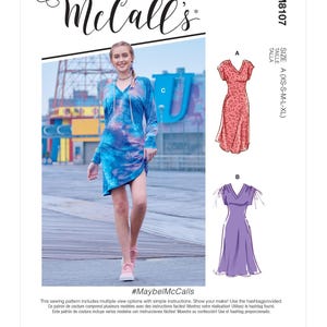 May include: McCall's sewing pattern M8107 featuring a V-neck dress with long sleeves in a blue and pink tie-dye print. Includes illustrations for two dress variations, one in a red leopard print and one in solid purple, in sizes XS to XL.