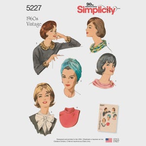 May include: Simplicity 5227 1960s Vintage sewing pattern envelope featuring illustrations of various neck accessories including a leopard print collar and cuffs, a blue turban, a pink scarf, a white bow tie, and a red dickey on a light background.