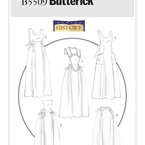 May include: A Butterick sewing pattern, B5509, featuring illustrations of historical women's clothing designs. The pattern includes various dress styles, with details like bows and apron-like elements. The text "MAKING HISTORY" is also visible.