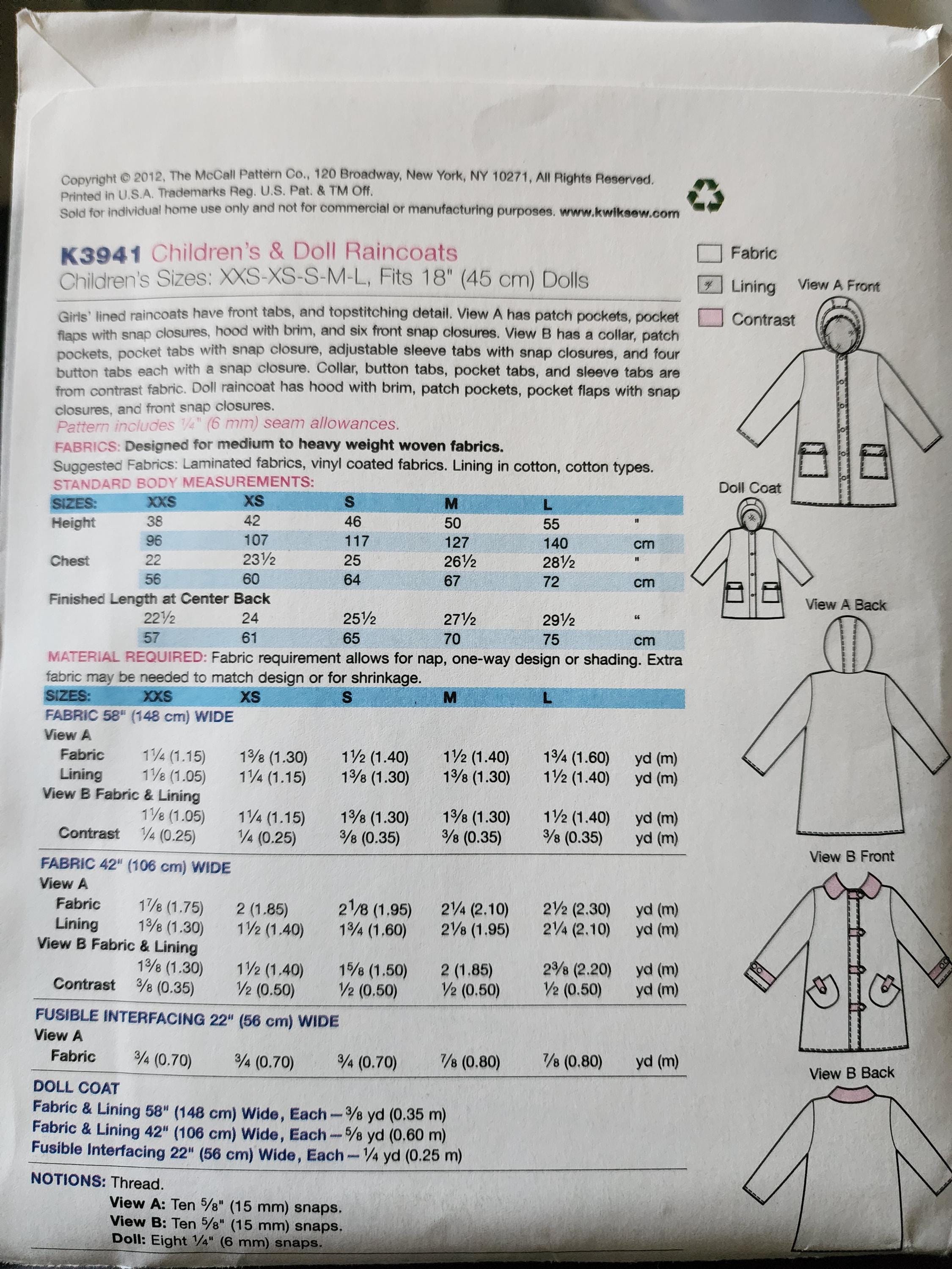 Kwik Sew K3941 SEWING PATTERN Girls' & 18" Dolls' Matching Raincoats ...