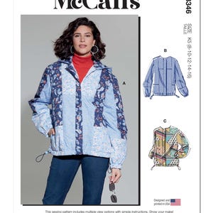 M8346 McCall's 8346 SEWING PATTERN Misses'  Zipper Jacket with Drawstring Hood Options Patchwork | Sizes 8-16 or 18-26 | UNCUT Out of Print