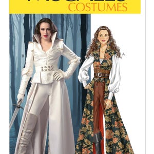 May include: McCall's Costumes sewing pattern envelope featuring two designs. Design B shows a white jacket with a high collar, matching pants, and boots. Design A is an illustration of a floral vest, white blouse, brown pants, and boots.