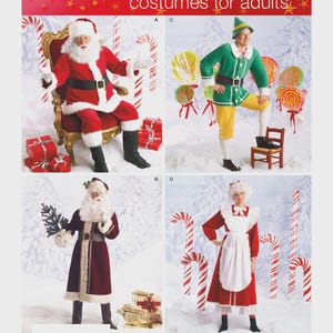 May include: Simplicity costumes for adults pattern featuring Santa Claus, an elf, and Mrs. Claus. The Santa costume is red with a black belt. The elf costume is green and yellow. Mrs. Claus is in a red dress with a white apron.