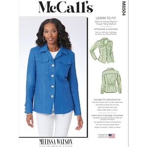 May include: McCall's M8504 sewing pattern featuring a woman in a blue jacket. The pattern includes instructions for fitting, with diagrams and text in English and French. Designed and printed in the USA.