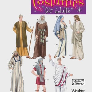 May include: Simplicity costume pattern 4213 for adults. The image shows illustrations of various historical costumes, including Roman, biblical, and medieval attire. The costumes are in various colors, including white, brown, and red. The pattern includes the Andrea Schewe and Wrights logos.
