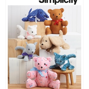 May include: Simplicity pattern S9360 featuring sewing instructions for plush stuffed animals. The image displays two teddy bears, three cats, and two dogs in various colors including brown, pink, white, blue, and gray, each with a ribbon bow.