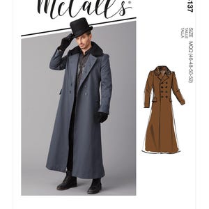 May include: McCall's sewing pattern M8137 for a long coat. The image shows a man wearing a grey double-breasted coat with a black top hat and gloves. A smaller illustration shows a brown coat. The pattern includes sizes 46-52.