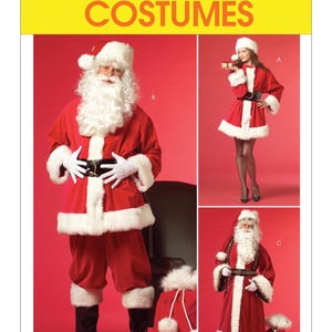May include: McCall's Costumes advertisement featuring Santa Claus costumes. The costumes are red with white faux fur trim, black belts, and hats. One costume is a full suit, another is a dress, and the third is a long coat.