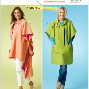 May include: A Kwik Sew K4043 sewing pattern for two poncho styles. Style A is a peach-colored poncho with a ruffled neckline and pink interior. Style B is a lime green hooded poncho with a front kangaroo pocket and black drawstring cords.