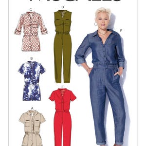 May include: McCall's sewing pattern M7330 featuring various jumpsuit designs. The image showcases several jumpsuit styles, including a denim jumpsuit, a red jumpsuit, and jumpsuits with patterned and solid colors. The pattern includes different sleeve lengths and overall styles.