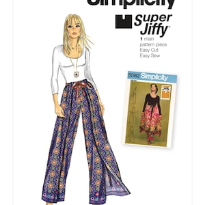 May include: A Simplicity S9595 Super Jiffy sewing pattern envelope featuring an illustration of wide-leg trousers with a purple, orange, and blue geometric floral pattern, a white long-sleeve top, and a smaller inset image of pattern 5082.