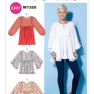 May include: McCall's sewing pattern M7325 featuring various blouse designs. The pattern includes illustrations of blouses in red, white, and patterned fabrics. The word "EASY" is in a pink circle.