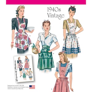 May include: Simplicity pattern 1221 for 1940s vintage aprons. The illustration shows four apron styles: a floral print with a pocket, a green and white striped apron with two pockets, a white apron with red floral accents and a blue checkered hem, and a pink striped apron with ruffled shoulder straps.