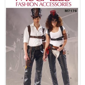 May include: McCall's Fashion Accessories pattern M7176. The image shows two people wearing steampunk-inspired outfits. The outfits include leather pants, harnesses, hats, and accessories. The background is a faded image of a carriage.