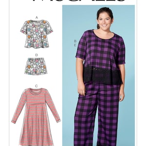 May include: McCall's sewing pattern M7697. The image shows a woman wearing a purple and black plaid pajama set with black lace trim. The pattern also includes illustrations of a top and shorts with heart patterns, and a striped dress.