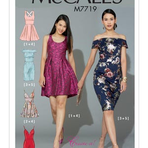 May include: McCall's M7719 sewing pattern featuring various dress designs. The image shows two women wearing dresses, with illustrations of different dress styles. The text "Create it!" is also visible.