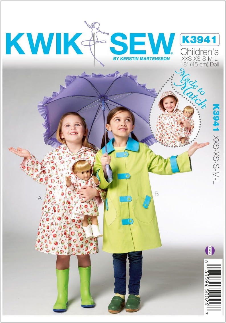 Kwik Sew K3941 SEWING PATTERN Girls' & 18" Dolls' Matching Raincoats ...