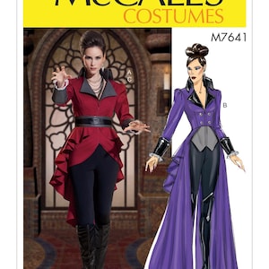 May include: McCall's Costumes pattern M7641. The image shows two costume designs. One is a red jacket with a black belt and pants, and the other is a purple coat with a long train and black pants. The pattern includes the text "McCall's Costumes".
