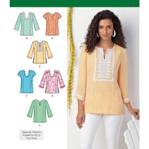May include: Simplicity pattern 1461 for a tunic top with various sleeve lengths and necklines. The pattern includes illustrations for six different styles featuring geometric, floral, and striped prints, along with a photo of a yellow striped tunic.