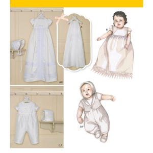 May include: Simplicity pattern 8024 features baby baptism and christening outfits. The image shows illustrations of white gowns, rompers, bonnets, and a long dress with lace details. The outfits are designed for infants and young children.