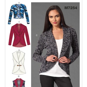 May include: McCall's M7254 sewing pattern featuring various jacket designs. The image shows a woman wearing a black and white textured jacket. Other jacket styles include a blue patterned jacket, a red jacket, a white vest, and a striped vest.