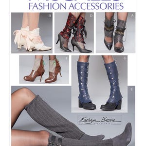 May include: McCall's Fashion Accessories sewing pattern M7706 by Kathryn Brenne. The pattern displays various boot covers and leg warmers, including cream ribbon-tied cuffs, red patterned lace, grey studded, plaid, blue buttoned, and grey pinstripe styles.