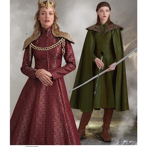 May include: Simplicity 8768 sewing pattern featuring two costumes. One is a long-sleeved, high-neck burgundy dress with a gold geometric pattern, gold shoulder armor, and a gold chain. The other is a green dress with a cape and brown boots.