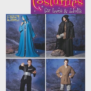 May include: Simplicity Costumes pattern for teens & adults. The image shows four costume designs: a blue hooded robe, a black hooded cloak, a black outfit with a silver sash, and a brown robe with a belt. The pattern includes the text "Wrights".