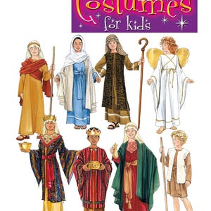 May include: Simplicity Costumes for Kids pattern featuring various children's costumes. The costumes include robes, angel wings, and crowns. The image includes the text "Costumes for kids" in a purple and yellow design.