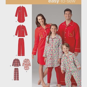 May include: Simplicity 1504 easy-to-sew pattern envelope featuring illustrations and photographs of pajamas. The designs include long-sleeved button-down shirts, pants, and nightshirts in solid red, plaid, and a multi-colored floral print fabric.