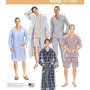 May include: Simplicity 1021 easy-to-sew pattern envelope featuring illustrations of loungewear including a light blue V-neck nightshirt, a striped robe with matching shorts, a grey V-neck top with trousers, and a plaid robe with a short-sleeved plaid set.