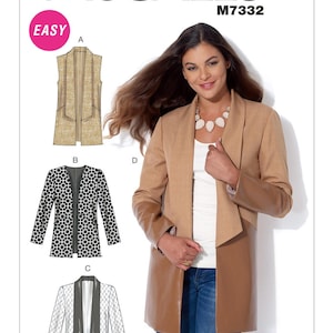 May include: McCall's M7332 sewing pattern featuring a woman wearing a tan and brown jacket. The pattern includes options for a vest and two other jacket styles. The word "EASY" is in a pink circle.