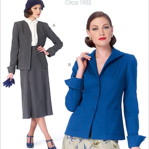 May include: McCall's The Archive Collection Circa 1933 sewing pattern envelope featuring two garment styles. Style A shows a dark gray pinstripe jacket and skirt with a white shirt and hat. Style B shows a blue jacket with a patterned skirt.