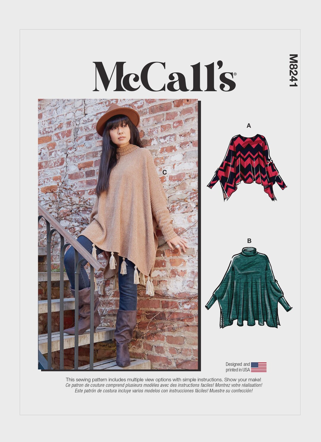 M8241 Mccall's 8241 SEWING PATTERN Misses' Loose-fitting Poncho Tops ...