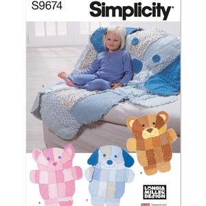 May include: Simplicity sewing pattern S9674 featuring instructions for a patchwork quilt and three animal-shaped rag dolls. The designs include a pink cat, a blue dog, and a brown bear, all constructed from various fabric squares and textures.