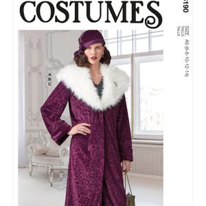 May include: A McCall's Costumes pattern featuring a woman in a purple velvet coat with a white fur collar and matching hat. The coat has a floral pattern. The pattern number is M8190, size A5 (6-8-10-12-14).