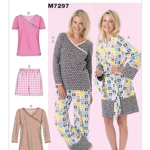 May include: McCall's M7297 sewing pattern featuring sleepwear designs. The image shows a pink wrap top, shorts, a long-sleeved nightgown, and a pajama set. The pajama set includes a long-sleeved top and pants with a floral pattern. The robe has a floral pattern.