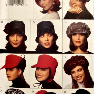 May include: Butterick sewing pattern 3664 featuring various hat styles including newsboy caps, bucket hats, and earflap hats. The pattern envelope displays multiple designs labeled A through J, showcasing different fabric textures, colors, and decorative accents like bows and flowers.