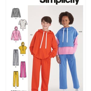 May include: Simplicity sewing pattern S9394 showing children's hoodies and sweatpants. The image displays a boy in an orange hoodie and matching trousers, and a girl in a blue hoodie and trousers. The pattern also includes illustrations of other tops and trousers.
