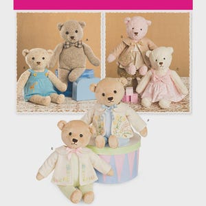 May include: Simplicity pattern 8155 features several plush teddy bears in various outfits. The bears are in different colors, including tan, pink, and white. Some bears wear dresses, jackets, and bow ties. The pattern is designed and printed in the USA.