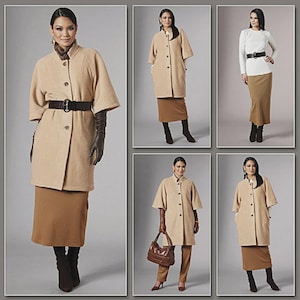 May include: A collection of women's fashion ensembles featuring a tan coat with a black belt, a brown skirt, and matching gloves. The coat has a button-down design and short sleeves. The outfits are displayed on a gray background.