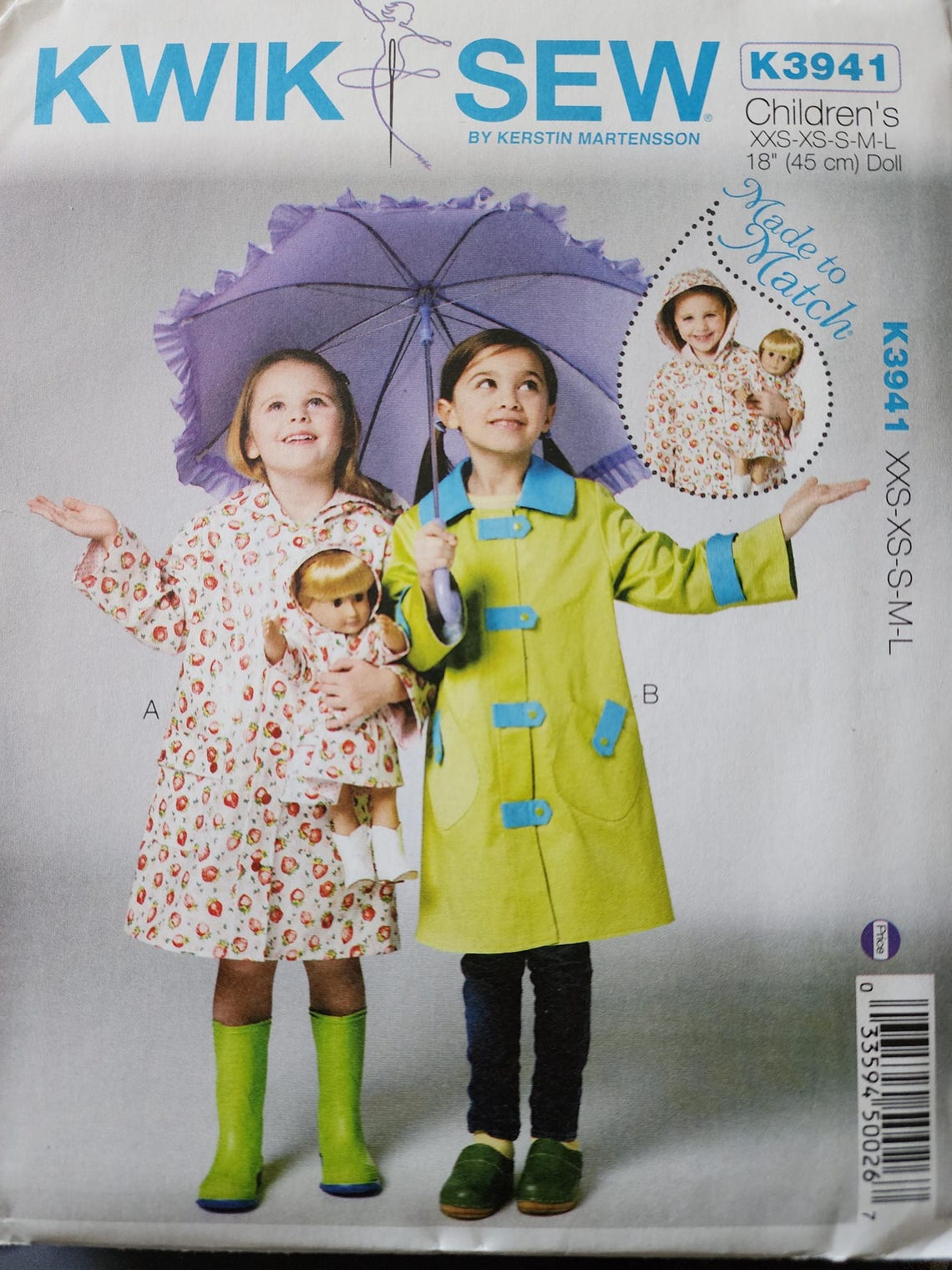 Kwik Sew K3941 SEWING PATTERN Girls' & 18" Dolls' Matching Raincoats ...