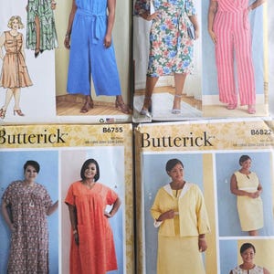 May include: Four Butterick sewing pattern envelopes featuring various garment designs including a green patterned maxi dress, a blue jumpsuit, a floral midi dress, a pink striped jumpsuit, a floral maxi dress, an orange dress, and a yellow skirt suit.