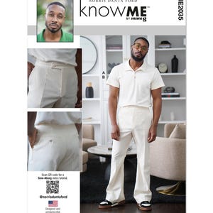 May include: A cream-colored outfit consisting of a short-sleeved polo shirt and flared pants. The image includes a headshot and detail shots of the pants. The text "knowME by MimiG" and "Norris Danta Ford" are visible.