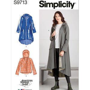 May include: Simplicity sewing pattern S9713 featuring a hooded coat with a high-low hem and a shorter hooded jacket. The pattern includes illustrations of a blue coat and an orange patterned jacket, alongside a photo of a long olive green coat.