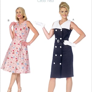 May include: McCall's The Archive Collection Circa 1963 sewing pattern envelope featuring two dress styles. Style B is a sleeveless pink dress with a floral print and belt. Style A is a sleeveless navy blue dress with a white collar and buttons.